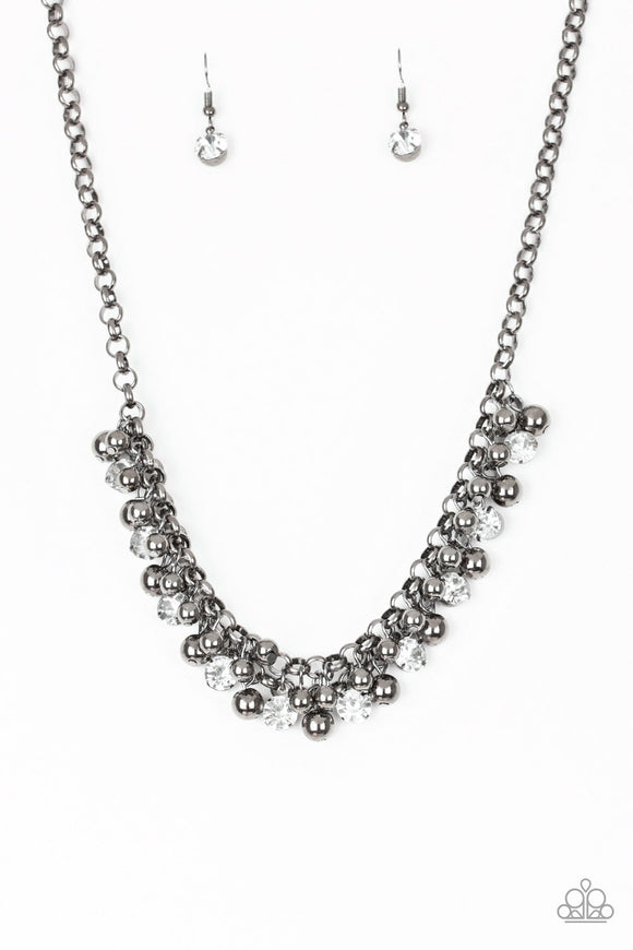 Wall Street Winner - Black/Gunmetal - Gold Beads Oversized White Rhinestones Short Necklace