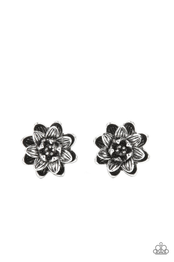 Water Lily Love - Silver Antiqued Layered Petals Bloom Post Earrings