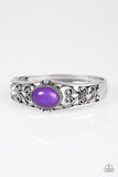 Joyful Journeys - Blue and Purple Bead in Center of Silver Hinged Cuff Bracelet