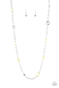 Only For Special Occasions - Yellow Pearly Beads Crystal-Like and Silver Beads Long Necklace