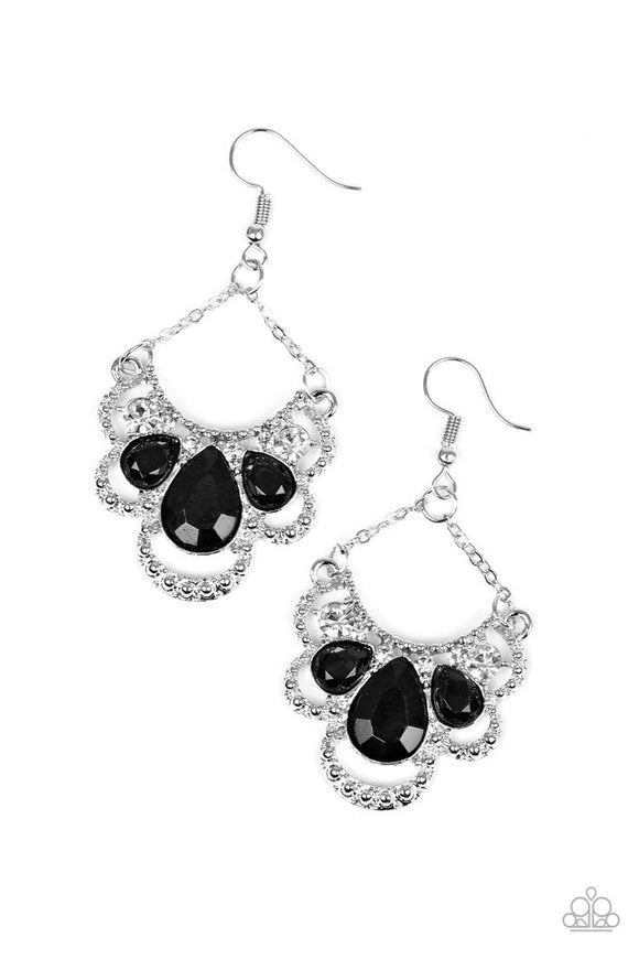 Caribbean Royality - Black Teardrop Gems White Rhinestones Fishhook Earrings