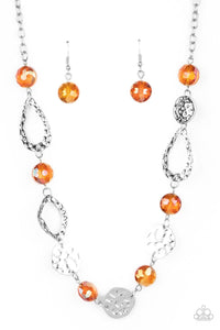 High Fashion Fashionista - Orange Iridescent Gems Silver Hammered Discs Short Necklace