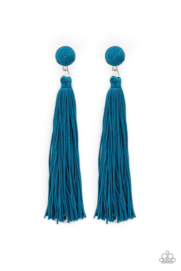 Tightrope Tassel - Blue Shiny Cording Tassel Post Earrings