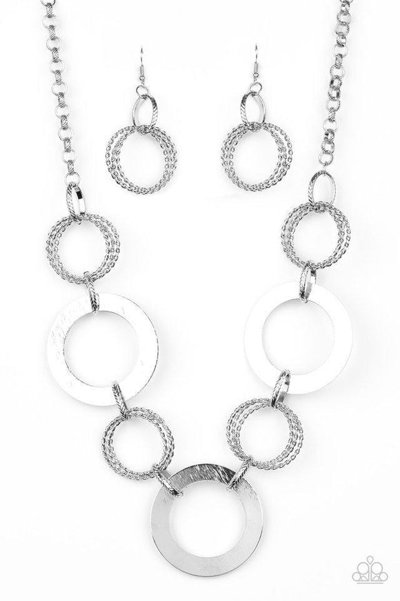 Ringed in Radiance - Silver and Copper Flat Circles Linked to Twisted Rings Short Necklace