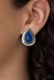 Desert Glow - Blue Teardrop Lapis Lazuli Stone Silver Hammered Frame Clip-On Earrings