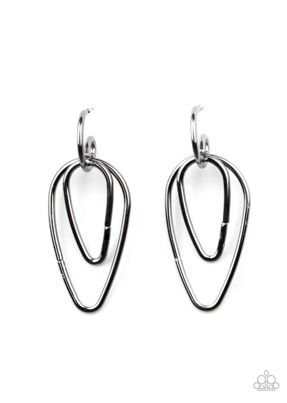 Droppin Drama - Black/Gunmetal Squiggly Bars Curls Two Teardrop Frames Hoop Earring