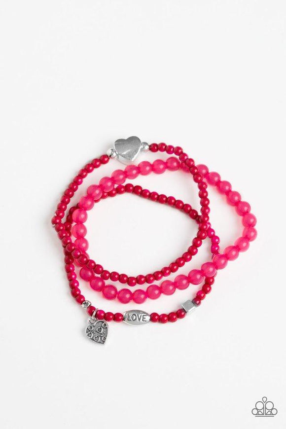 Really Romantic - Pink - Blue Beads Silver Heart Charms Stretchy Bracelet