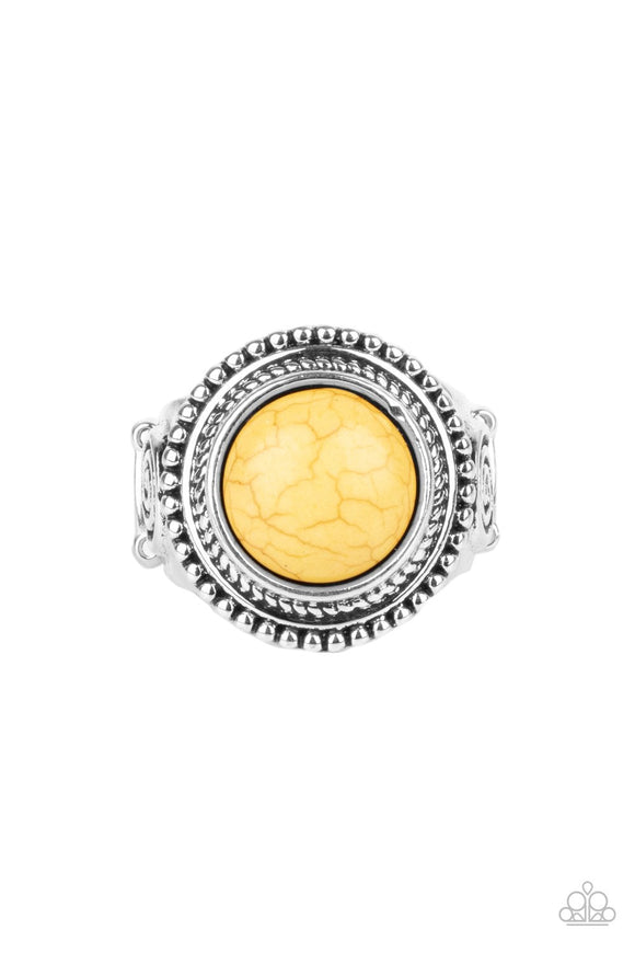 Evolutionary Essence - Yellow Stone Silver Studded Frame Wide Band Ring