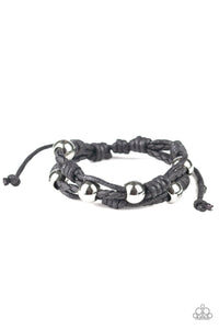 Free Climb - Black Twine Oversized Silver Beads Urban Pull Tie Bracelet