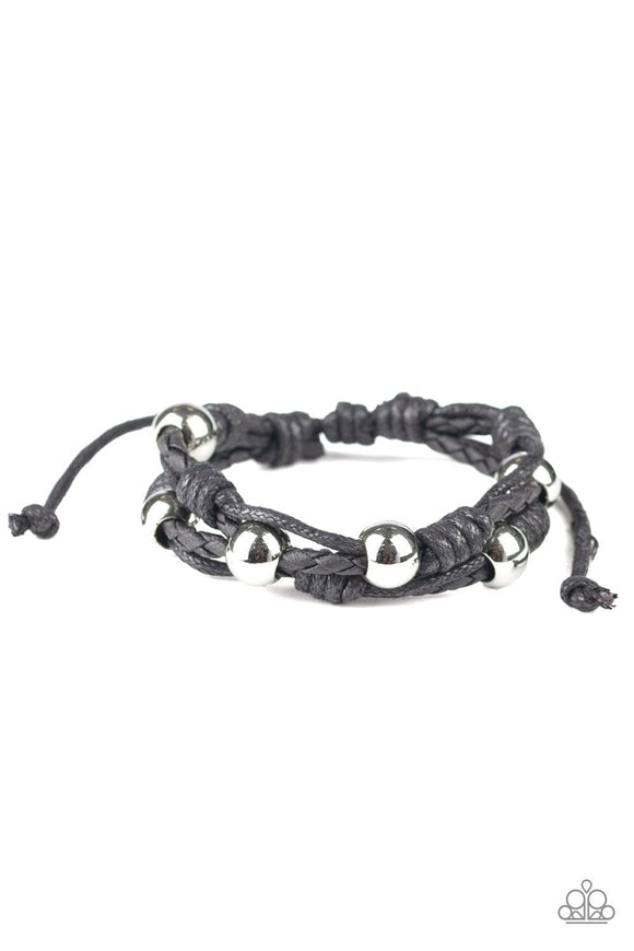 Free Climb - Black Twine Oversized Silver Beads Urban Pull Tie Bracelet