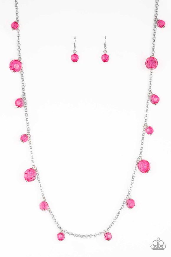 Glow-Rider - Pink Glassy Crystal-Like Assorted Size Beads Long Necklace