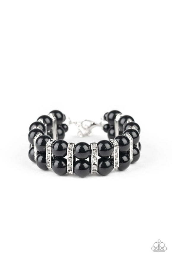 Glowing Glam - Black Beads White Rhinestones Clasp Bracelet