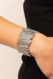 Cabo Canopy - Silver Feather-Like Pairs of Overlapping Leaf Frames Stretchy Bracelet