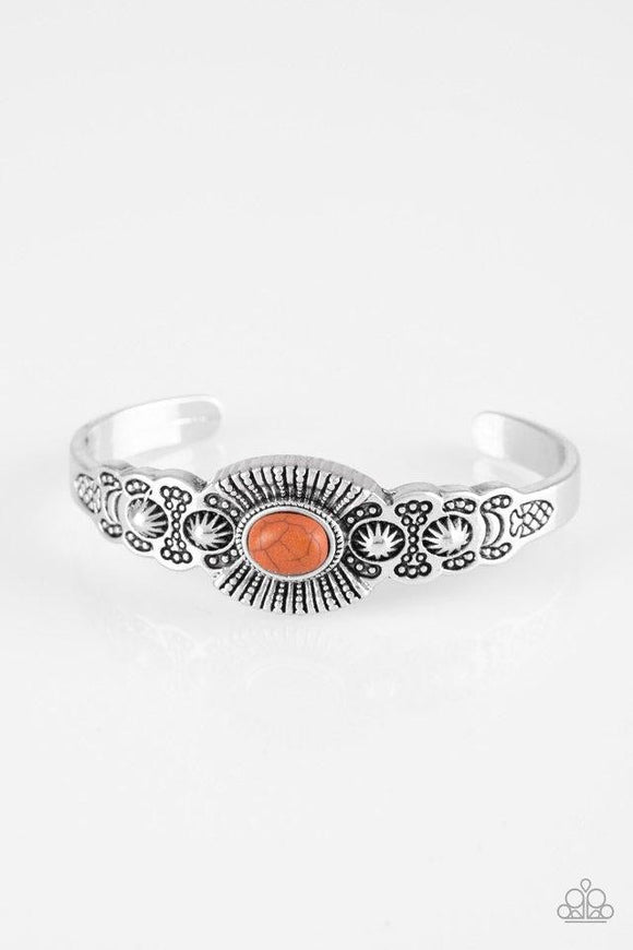 Wide Open Mesas - Orange - Purple Crackle Stone in Center Silver Southwestern Curls Cuff Bracelet