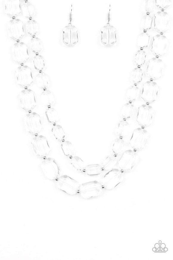 Ice Bank - White - Gold Glassy Beads Short Necklace