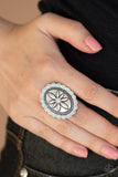 Garden Paradise - Blue Beads Silver Stamped Floral Frame Wide Band Ring