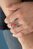 Backroad Bauble - Red Teardrop Stone Silver Studded Frame Wide Band Ring