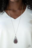 Enchanted Eden - Purple Teardrop Cat's Eye Stone Pendant Surrounded by Silver Vine-Like Pattern Long Necklace