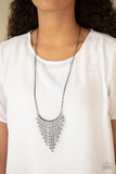 Glitter Bomb - Black/Gunmetal Chains of White Rhinestones Long Necklace