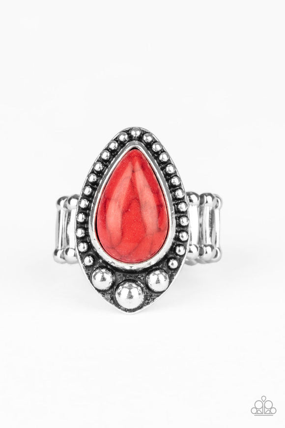 Backroad Bauble - Red Teardrop Stone Silver Studded Frame Wide Band Ring