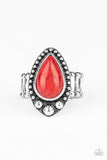 Backroad Bauble - Red Teardrop Stone Silver Studded Frame Wide Band Ring