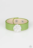 Show-Stopper - Orange - Green Leather White Rhinestones Urban Snap Wrap Bracelet