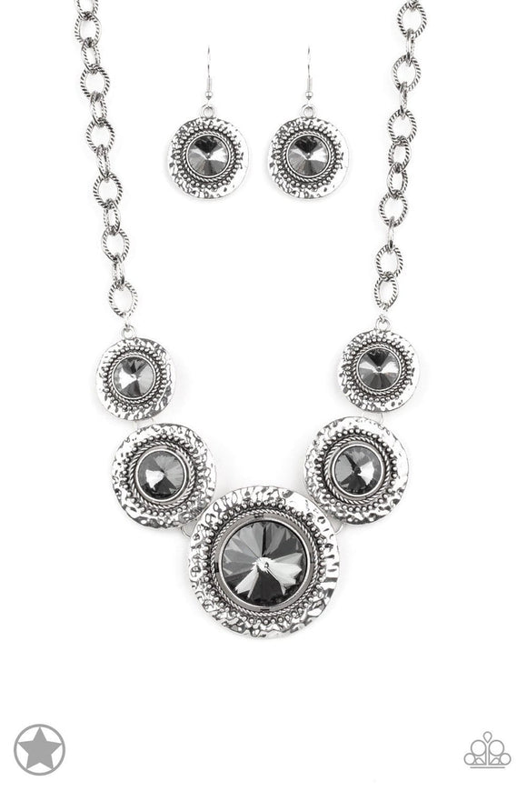 Global Glamour - Silver Hammered Frames and Chain Oversized Smoky Gems Short Necklace