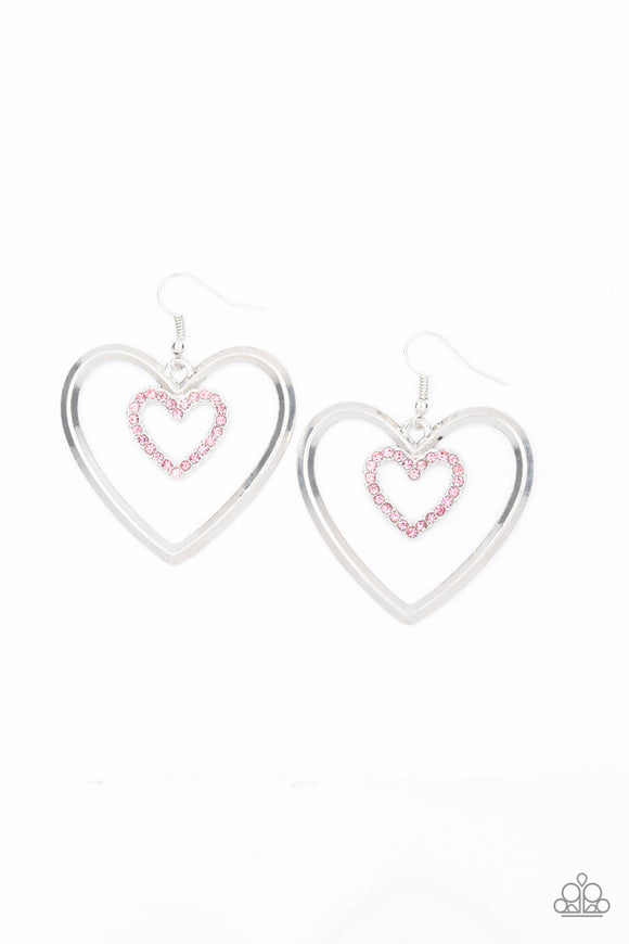 Heart Candy Couture - Pink Dainty Encrusted Rhinestones Double Silver Hearts Fishhook Earrings