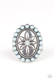 Garden Paradise - Blue Beads Silver Stamped Floral Frame Wide Band Ring