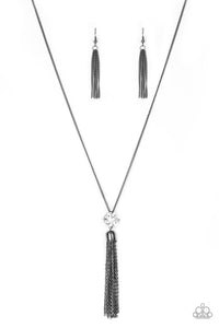 Five-Alarm Firework - Black/Gunmetal - Gold Chain and Tassels White Gem Long Necklace