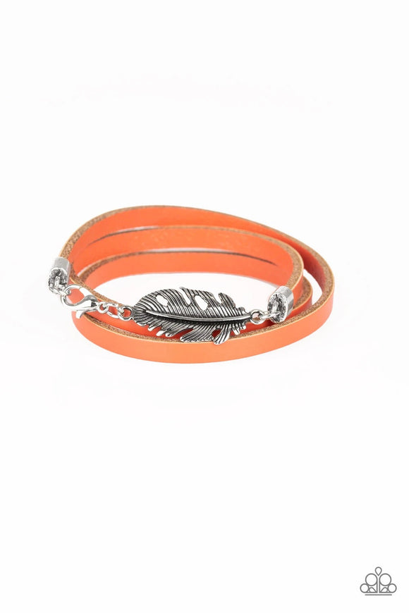 High Spirits - Orange Leather Silver Feather Charm Urban Triple Clasp Bracelet