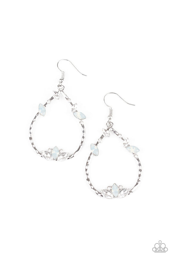 Lotus Ice - White/Cloudy Dainty Rhinestones Silver Hammered Teardrop Frame Fishhook Earrings