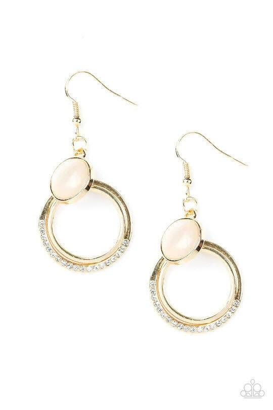 Dreamy Dreamland - Gold or Silver Hoop with Gold or Green Moonstone on Top and Glassy White Rhinestones on Bottom Fishhook Earrings