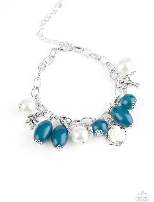 Love Doves - Blue - Green Shiny Beading Silver Charms Bird, Feather and Rose Clasp Bracelet