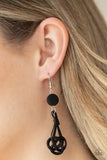 Twisted Torrents - Black Wicker-Like Laces Twisted in Knots with a Black Wooden Disc on Top Fishhook Earrings