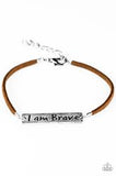 Brave spirit - Silver Plate Stamped "I AM BRAVE" with White, Silver, Red, Brown, Black, and Pink Colored Strips of Suede Inspirational Clasp Bracelet