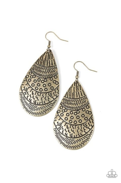 Safari Splash - Brass Teardrop Tribal Patterns Fishhook Earrings