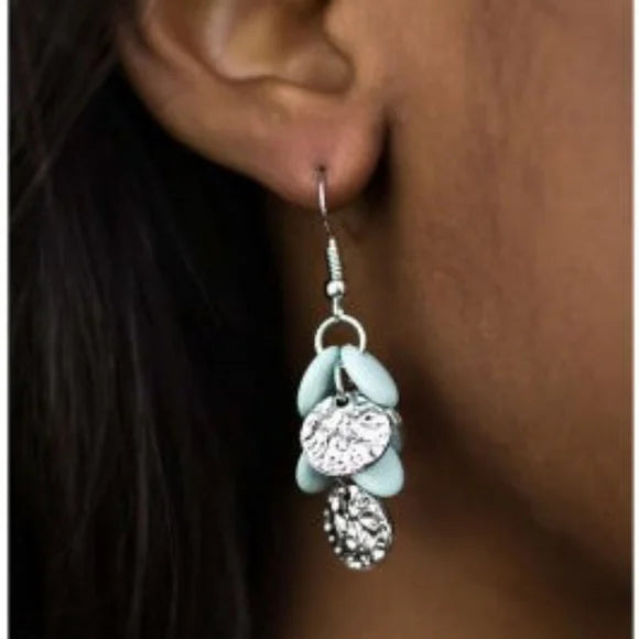 I Like to Move It - Blue Flat Beads Silver Hammered Discs Fishhook Earrings