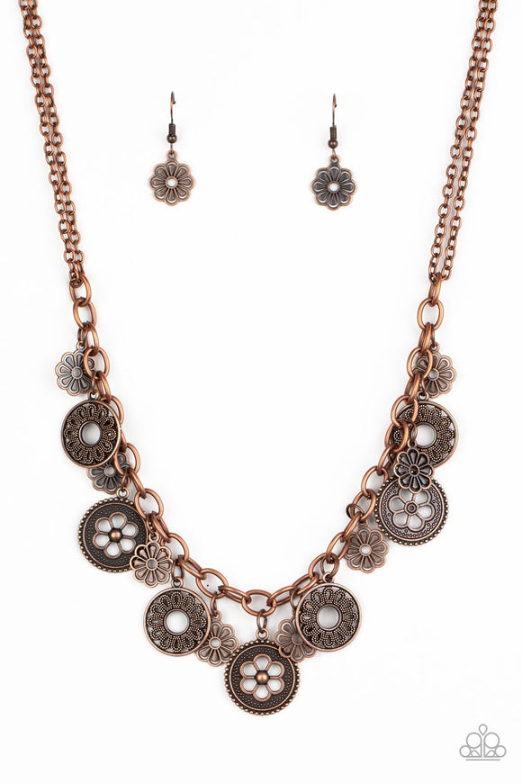 Meadow Masquerade - Copper, Brass Floral Charms Short Necklace