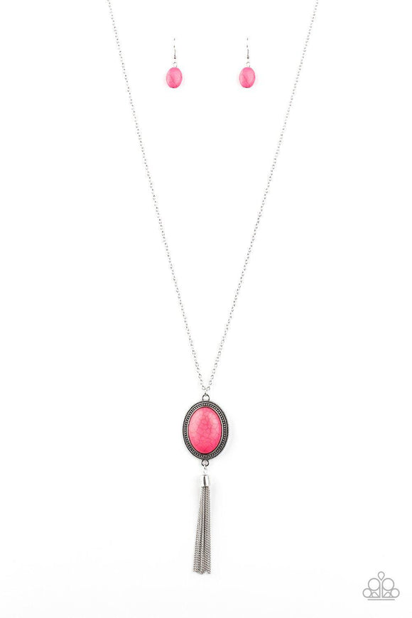 Nomadic Dramatics - Pink and Brown Oval Stone with Silver Tassels Long Necklace