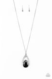 Notorious Noble - Silver - Black Smoky Teardrop Gem with Glassy White Rhinestones Pendant Long Necklace