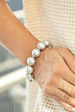 One Woman Show-Stopper - Orange - Silver Oversized Pearls Silver Fittings Stretchy Bracelet