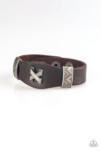 Tread Carefully - Brown Leather Metallic Accents Urban Snap Wrap Bracelet