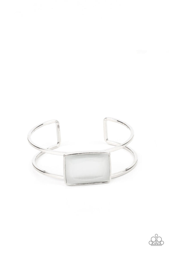 Rehearsal Refinement - White Emerald Cut Gem Silver Cuff bracelet