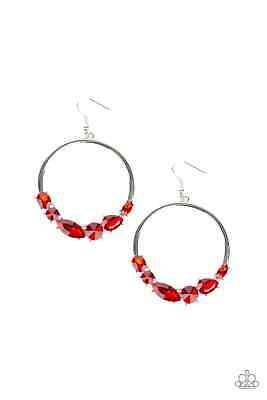 Legendary Luminescence - Red Round, Teardrop, Marquise Rhinestones Bottom of Silver Hoop Fishhook Earrings