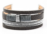 Glamor-azzi - Silver/Dark Grey Leather with Rhinestones Urban Clasp Bracelet