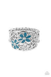 Clear as Daisy - Blue - White Flowers Dainty White Rhinestones Wide Band Ring