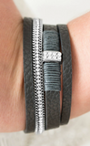 Glamor-azzi - Silver/Dark Grey Leather with Rhinestones Urban Clasp Bracelet