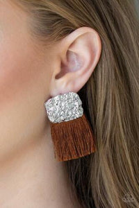 Plume Bloom - Orange - Brown - Purple Thread Streams Tasseled bottom of a Hammered silver Frame Post Earrings