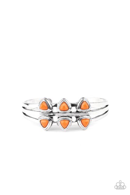 Tribal Triad - Orange Triangular Stones Silver Cuff Bracelet